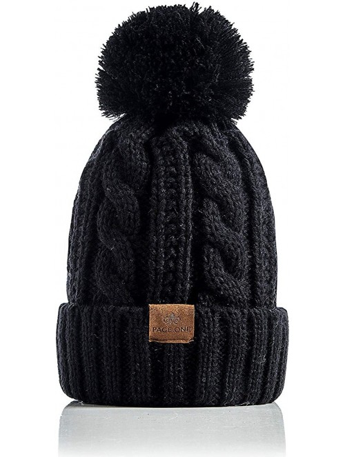 Skullies & Beanies Women Winter Knit Hat Warm Fleece Lined Pom Pom Beanie Hat - 1-black - CU18ZD2YDHM $12.14