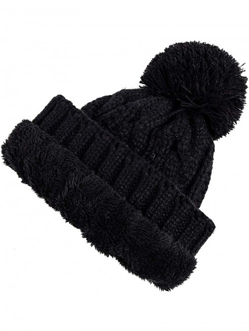 Skullies & Beanies Women Winter Knit Hat Warm Fleece Lined Pom Pom Beanie Hat - 1-black - CU18ZD2YDHM $12.14
