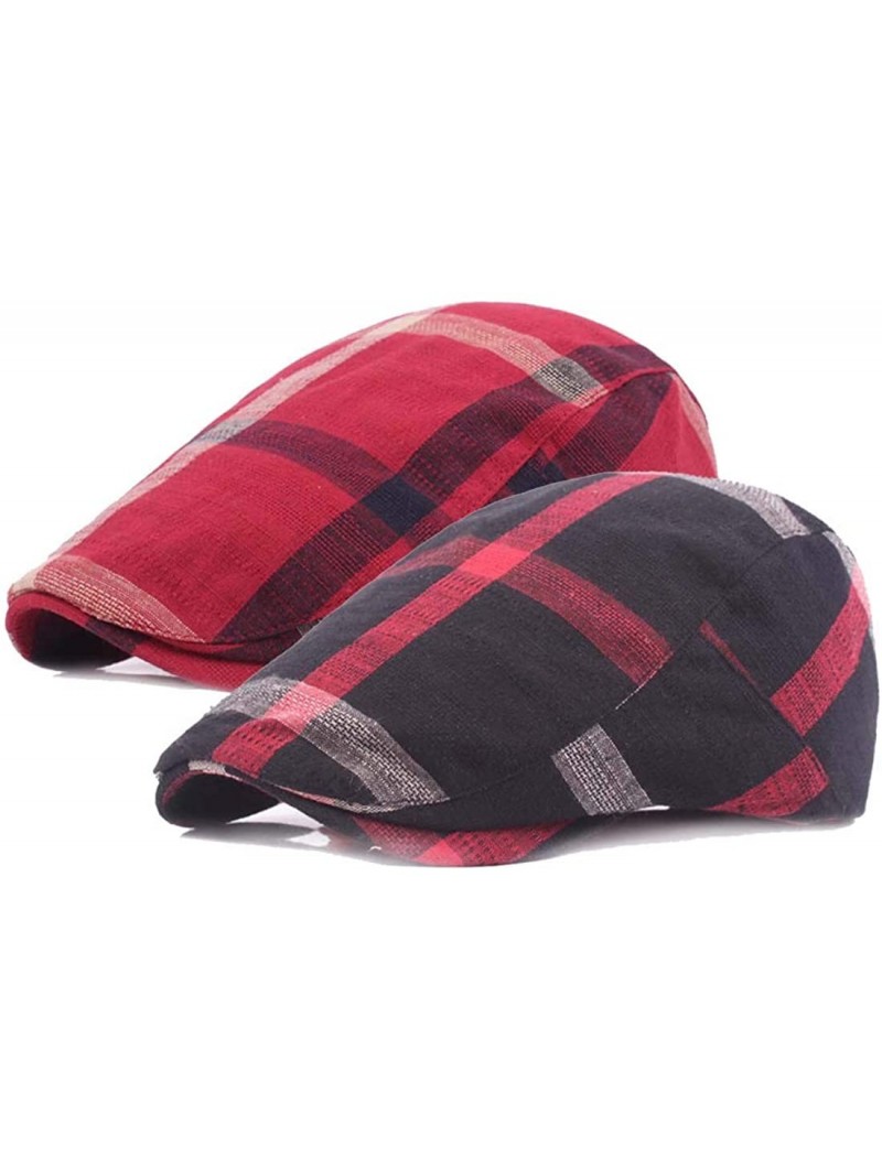 Newsboy Caps 2 Pack Men Cotton Solid Ivy Irish Cabbie Newsboy Hat Scally Flat Caps - Black and Red - CR18Y65C8Y3 $21.38
