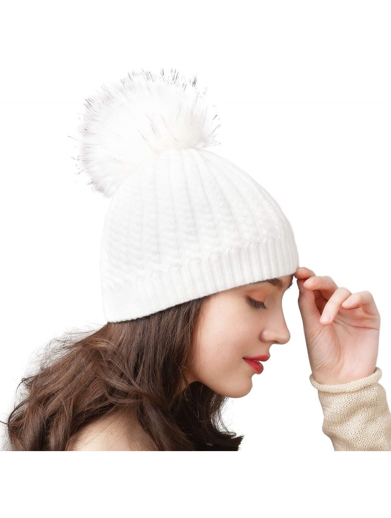 Sun Hats Winter Beanie for Women Warm Knit Bobble Skull Cap Big Fur Pom Pom Hats for Women - 03 White With White Pom - CZ18UY...