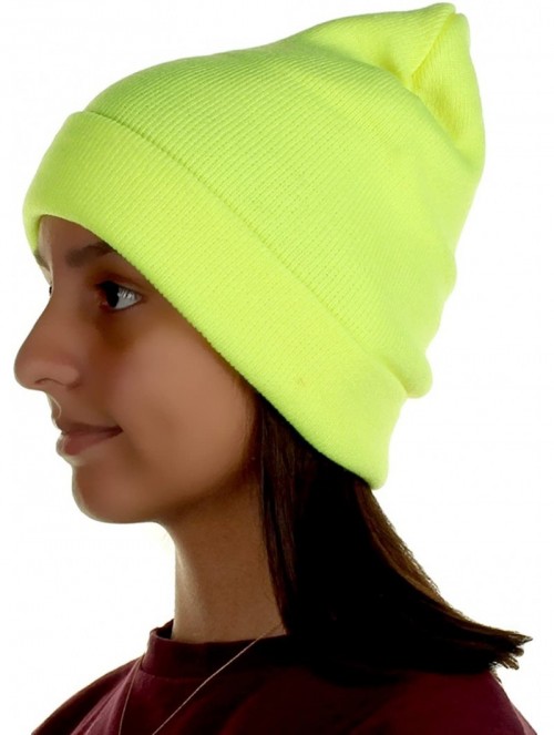Skullies & Beanies Knit Cuffed Beanie in Bright- Neon Colors One Size fits Most - Yellow - CF12BJKNP7B $13.24
