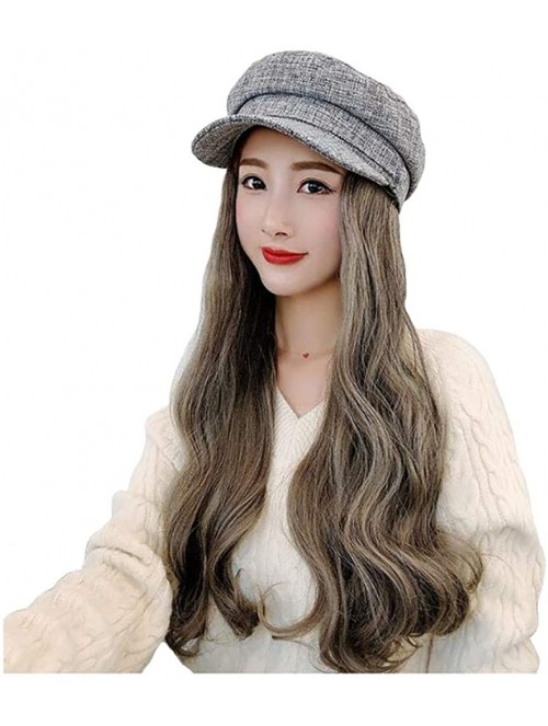 Newsboy Caps Women Newsboy Cabbie Beret Cap Visor Hat with Hair Attached Long Wavy Wig - Light Gray - CN18ZZCU0M4 $27.57