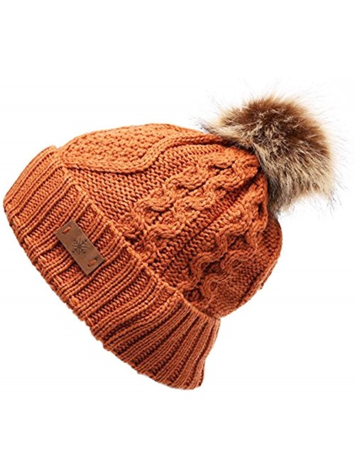 Skullies & Beanies Women's Fleece Lined Knitted Slouchy Faux Fur Pom Pom Cable Beanie Cap Hat - Rust - CB18724YIXQ $17.15