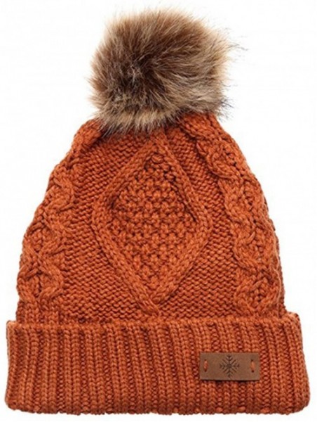 Skullies & Beanies Women's Fleece Lined Knitted Slouchy Faux Fur Pom Pom Cable Beanie Cap Hat - Rust - CB18724YIXQ $17.15