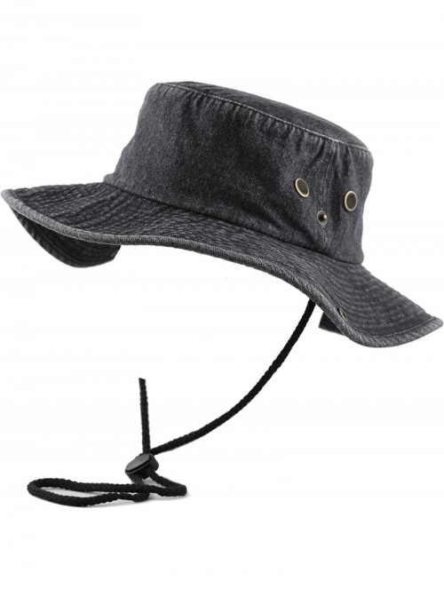 Sun Hats 100% Cotton Stone-Washed Safari Wide Brim Foldable Double-Sided Sun Boonie Bucket Hat - Black Denim - CY1846N9A79 $1...