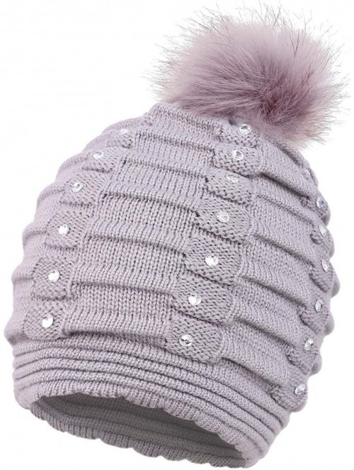 Skullies & Beanies Womens Faux Fur Pompom Knit Winter Beanie Hat w/Sequins - Grey - CU188NYMK5M $11.25
