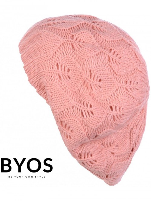 Berets Winter Chic Warm Double Layer Leafy Cutout Crochet Chunky Knit Slouchy Beret Beanie Hat Solid - CU18W0TGE5Z $15.84