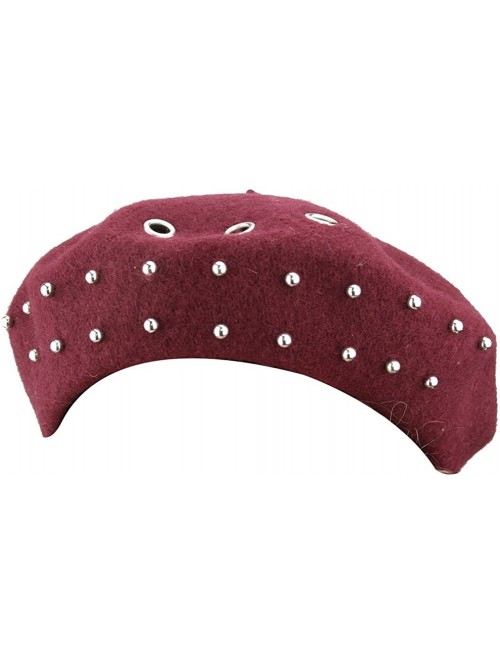 Berets Womens Solid Wool French Artist Beanie Beret Hat with Rivet Beret - Wine - CG186REQ9RD $15.70