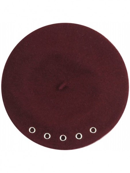 Berets Womens Solid Wool French Artist Beanie Beret Hat with Rivet Beret - Wine - CG186REQ9RD $15.70