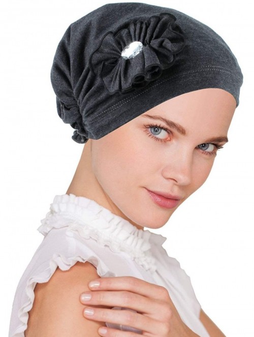 Skullies & Beanies Josie Turban Chemo Cancer Hat Scarf with Rhinestone Flower - 09 - Cotton Gray With Black Trim - CB18Q9XW0R...