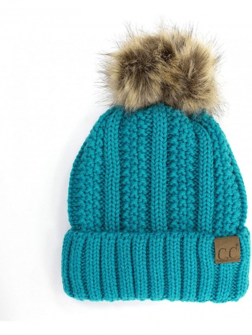 Skullies & Beanies Cable Knit Beanie with Faux Fur Pom - Warm- Soft- Thick Beanie Hats for Women & Men - Teal - CI18Y8EZ9YY $...