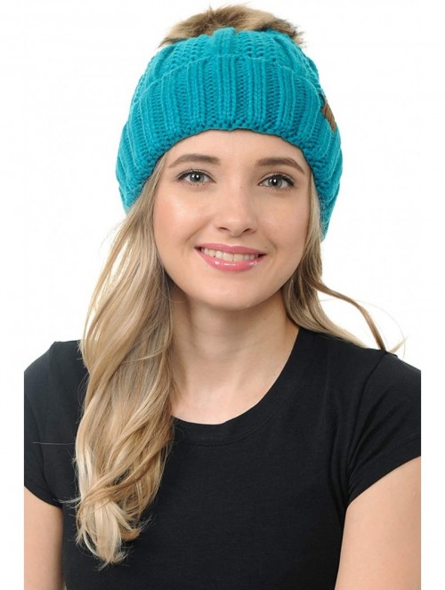 Skullies & Beanies Cable Knit Beanie with Faux Fur Pom - Warm- Soft- Thick Beanie Hats for Women & Men - Teal - CI18Y8EZ9YY $...