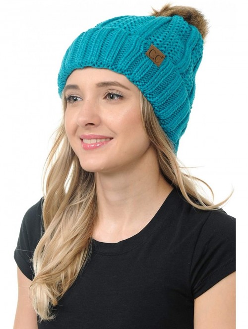 Skullies & Beanies Cable Knit Beanie with Faux Fur Pom - Warm- Soft- Thick Beanie Hats for Women & Men - Teal - CI18Y8EZ9YY $...