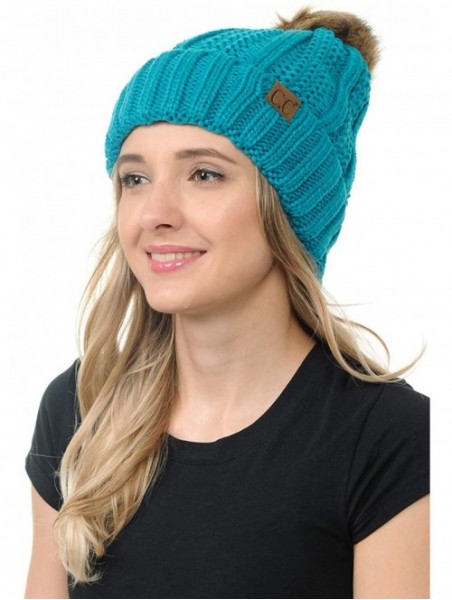 Skullies & Beanies Cable Knit Beanie with Faux Fur Pom - Warm- Soft- Thick Beanie Hats for Women & Men - Teal - CI18Y8EZ9YY $...