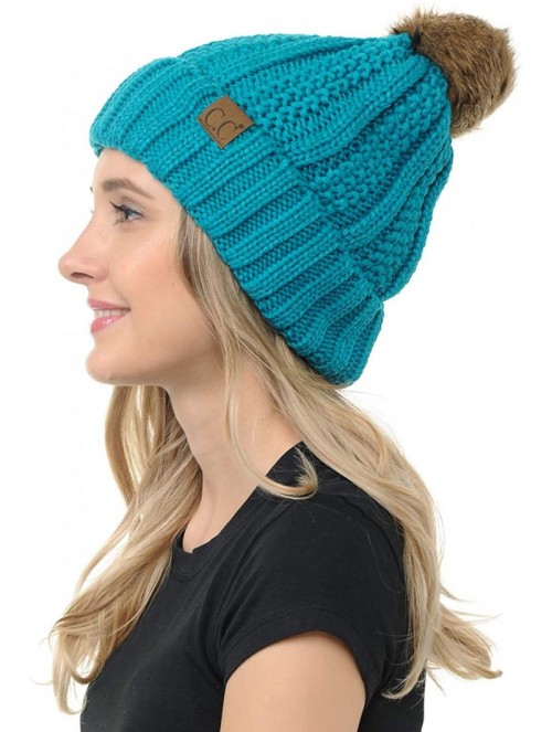 Skullies & Beanies Cable Knit Beanie with Faux Fur Pom - Warm- Soft- Thick Beanie Hats for Women & Men - Teal - CI18Y8EZ9YY $...