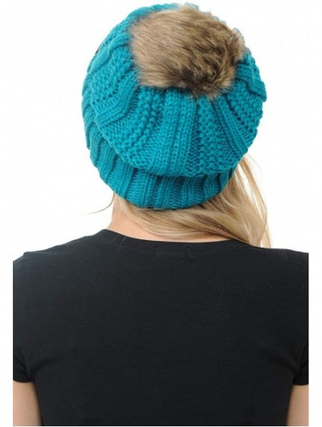 Skullies & Beanies Cable Knit Beanie with Faux Fur Pom - Warm- Soft- Thick Beanie Hats for Women & Men - Teal - CI18Y8EZ9YY $...