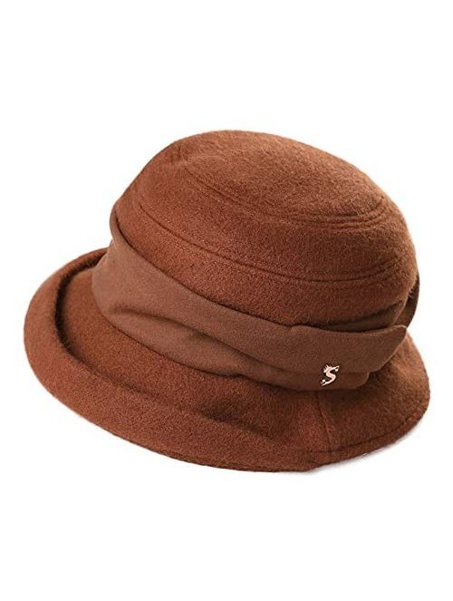 Bucket Hats Winter Bucket Derby 1920s Vintage Gatsby Round Church Bowler Beret Hat for Women Brown 56-59cm - CX18YR8NQGE $24.83