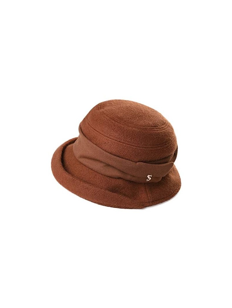 Bucket Hats Winter Bucket Derby 1920s Vintage Gatsby Round Church Bowler Beret Hat for Women Brown 56-59cm - CX18YR8NQGE $24.83