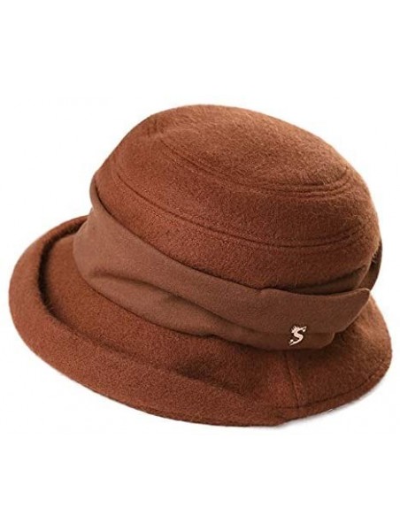 Bucket Hats Winter Bucket Derby 1920s Vintage Gatsby Round Church Bowler Beret Hat for Women Brown 56-59cm - CX18YR8NQGE $24.83