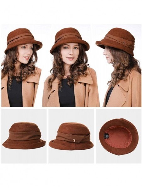 Bucket Hats Winter Bucket Derby 1920s Vintage Gatsby Round Church Bowler Beret Hat for Women Brown 56-59cm - CX18YR8NQGE $24.83