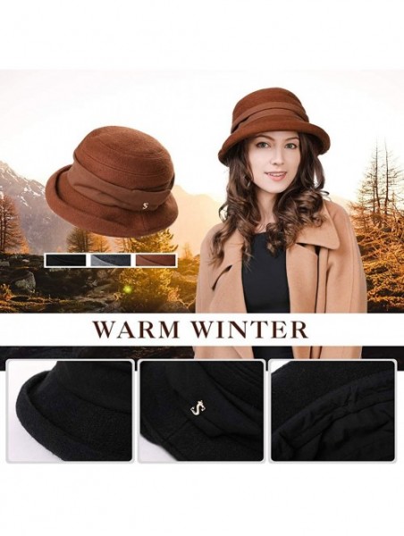 Bucket Hats Winter Bucket Derby 1920s Vintage Gatsby Round Church Bowler Beret Hat for Women Brown 56-59cm - CX18YR8NQGE $24.83