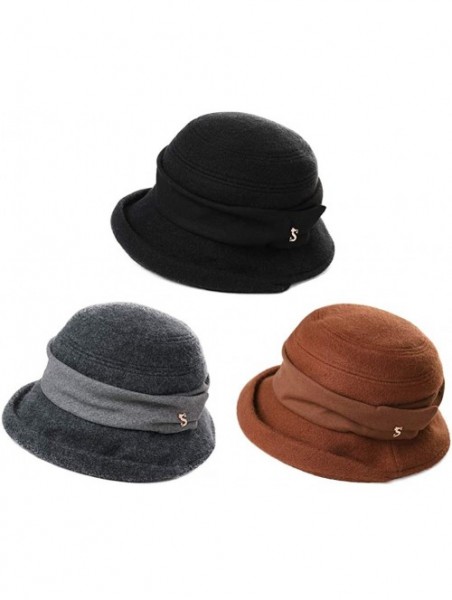 Bucket Hats Winter Bucket Derby 1920s Vintage Gatsby Round Church Bowler Beret Hat for Women Brown 56-59cm - CX18YR8NQGE $24.83