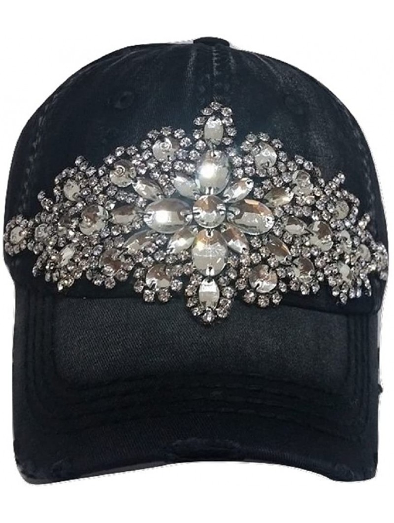 Baseball Caps Women's Horizontal Bling Distressed Baseball Cap - Black - C11836KIK23 $67.55