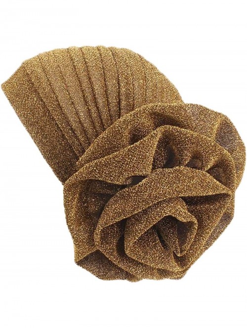 Sun Hats Shiny Turban Hat Headwraps Twist Pleated Hair Wrap Stretch Turban - Gold Paillette Flower - CZ198H6O4NL $13.82