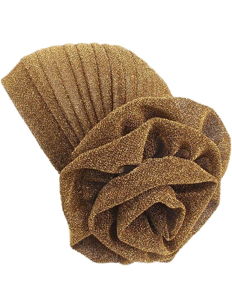 Sun Hats Shiny Turban Hat Headwraps Twist Pleated Hair Wrap Stretch Turban - Gold Paillette Flower - CZ198H6O4NL $13.82