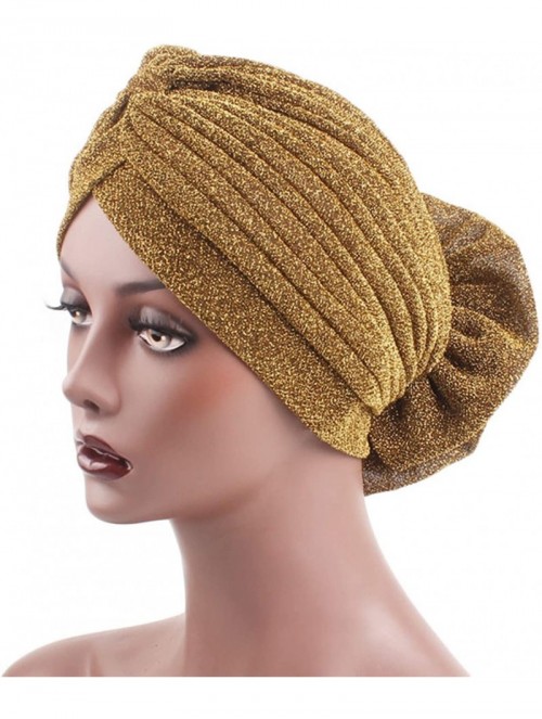 Sun Hats Shiny Turban Hat Headwraps Twist Pleated Hair Wrap Stretch Turban - Gold Paillette Flower - CZ198H6O4NL $13.82