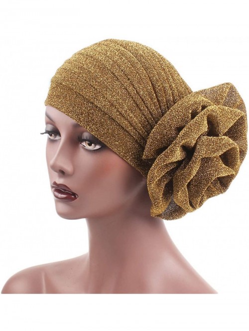 Sun Hats Shiny Turban Hat Headwraps Twist Pleated Hair Wrap Stretch Turban - Gold Paillette Flower - CZ198H6O4NL $13.82