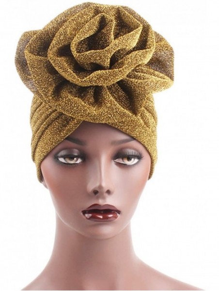 Sun Hats Shiny Turban Hat Headwraps Twist Pleated Hair Wrap Stretch Turban - Gold Paillette Flower - CZ198H6O4NL $13.82