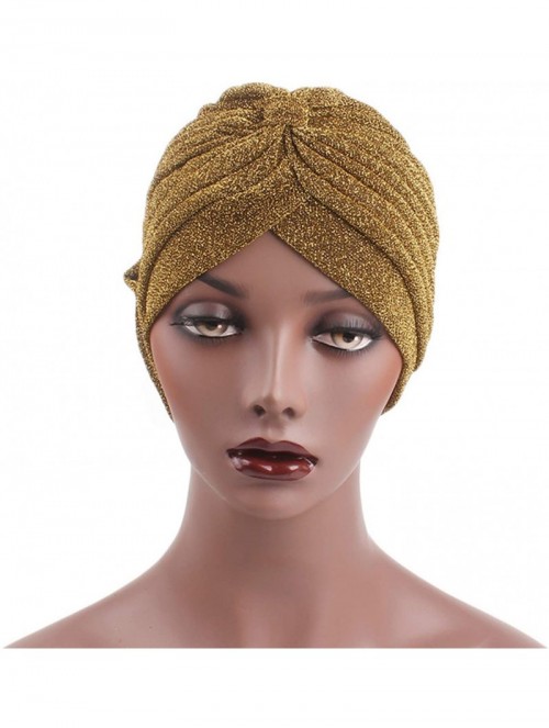 Sun Hats Shiny Turban Hat Headwraps Twist Pleated Hair Wrap Stretch Turban - Gold Paillette Flower - CZ198H6O4NL $13.82