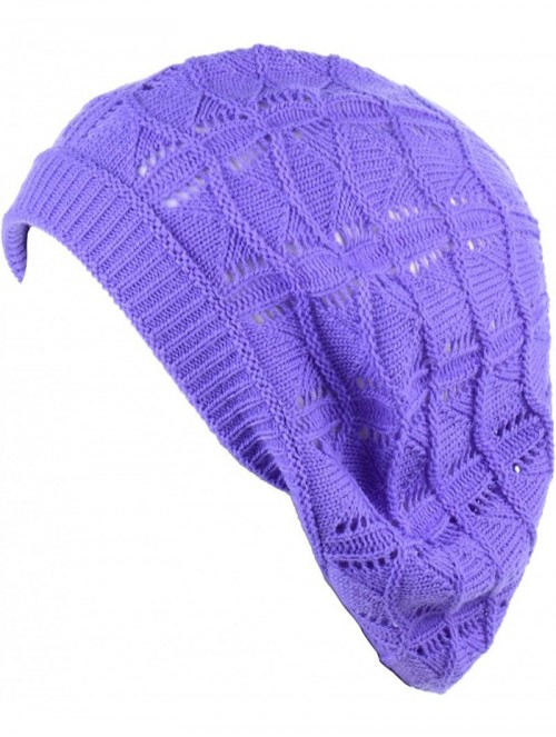 Berets Chic Soft Knit Airy Cutout Lightweight Slouchy Crochet Beret Beanie Hat - Purple Wavy Stripe - CA18L3TKCWZ $13.24