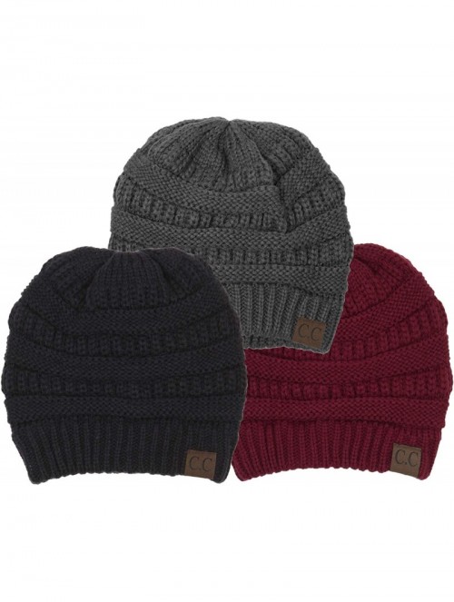 Skullies & Beanies Solid Ribbed Beanie Slouchy Soft Stretch Cable Knit Warm Skull Cap - 3 Pack - Black& Burgundy& Dk Melange ...