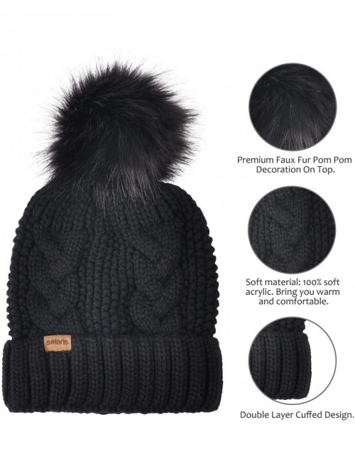 Skullies & Beanies Cable Knit Beanie Warm Faux Fuzzy Fur Pom Pom Skull Ski Cap for Men- Women - Black 1 - C4186YH3H04 $9.25