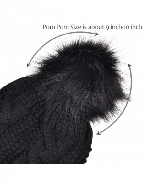 Skullies & Beanies Cable Knit Beanie Warm Faux Fuzzy Fur Pom Pom Skull Ski Cap for Men- Women - Black 1 - C4186YH3H04 $9.25