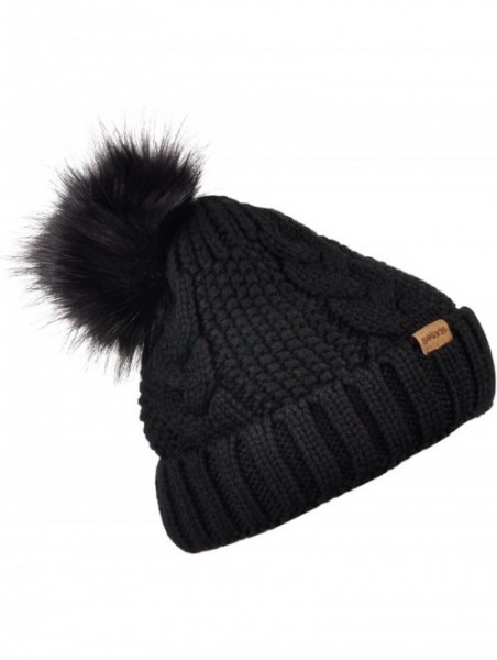 Skullies & Beanies Cable Knit Beanie Warm Faux Fuzzy Fur Pom Pom Skull Ski Cap for Men- Women - Black 1 - C4186YH3H04 $9.25