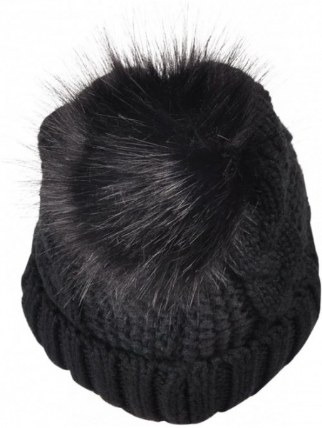 Skullies & Beanies Cable Knit Beanie Warm Faux Fuzzy Fur Pom Pom Skull Ski Cap for Men- Women - Black 1 - C4186YH3H04 $9.25