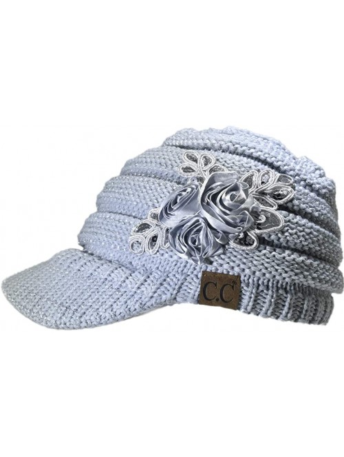 Skullies & Beanies Warm Cable Ribbed Knit Beanie Hat w/Visor Brim - Chunky Winter Skully Cap - Flower Silver - C618A6TKMZL $1...