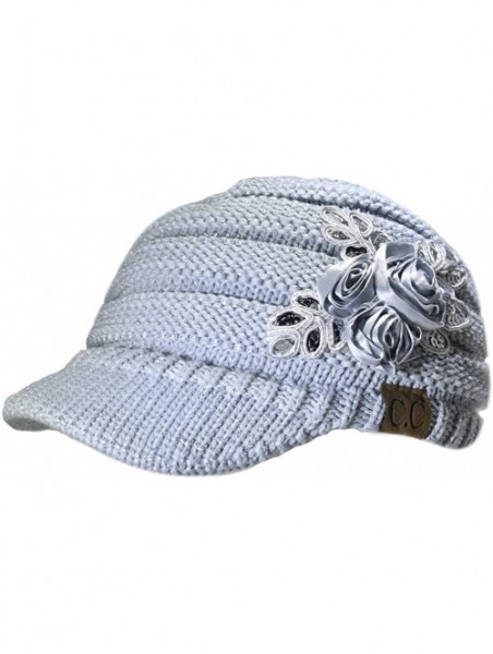 Skullies & Beanies Warm Cable Ribbed Knit Beanie Hat w/Visor Brim - Chunky Winter Skully Cap - Flower Silver - C618A6TKMZL $1...