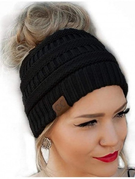 Skullies & Beanies Quality Knit Messy Bun Hat Beanie - Black - CL18LXHR8DZ $15.25