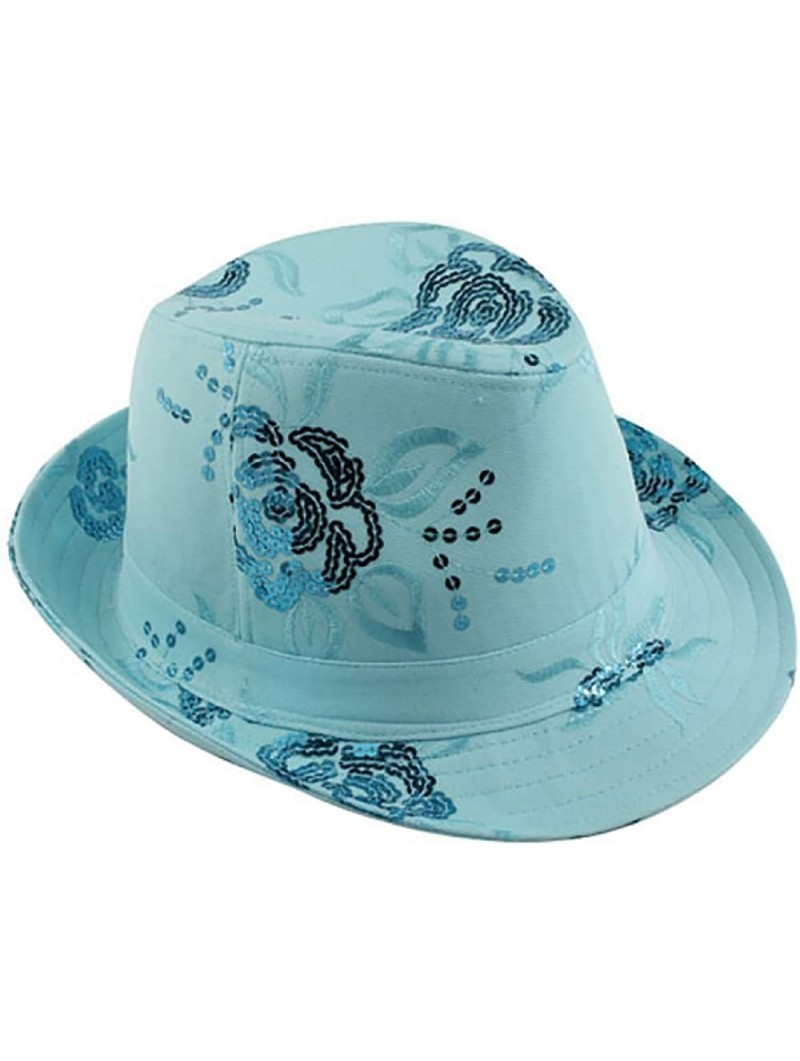 Fedoras Sequin Floral Fedora Hat - Light Blue - CN182YWDGW0 $18.82