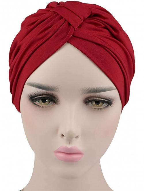 Skullies & Beanies Chemo Turbans for Women Pre Tied Cotton Vintage Cover Twist Pleasted Hair Caps - Style1-wine-1 Pair - C318...