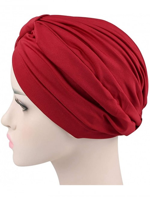 Skullies & Beanies Chemo Turbans for Women Pre Tied Cotton Vintage Cover Twist Pleasted Hair Caps - Style1-wine-1 Pair - C318...