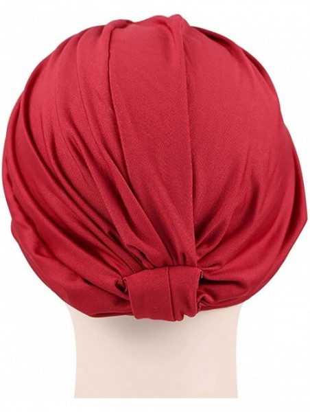 Skullies & Beanies Chemo Turbans for Women Pre Tied Cotton Vintage Cover Twist Pleasted Hair Caps - Style1-wine-1 Pair - C318...