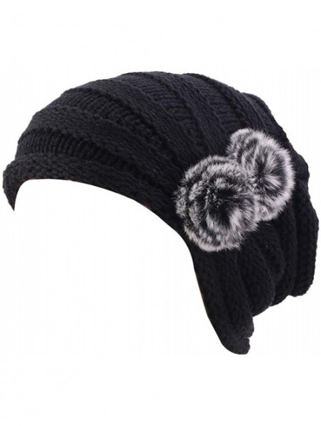 Skullies & Beanies Women Knit Slouchy Beanie Chunky Baggy Hat with Fur Pompom Winter Soft Warm Ski Cap Knitted Hat - Black - ...