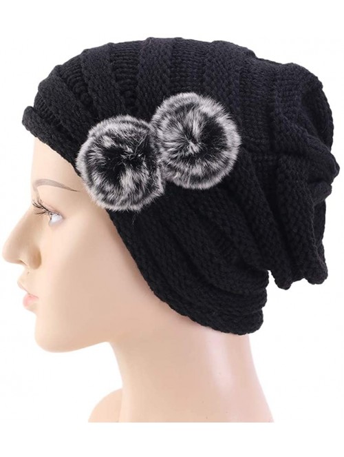 Skullies & Beanies Women Knit Slouchy Beanie Chunky Baggy Hat with Fur Pompom Winter Soft Warm Ski Cap Knitted Hat - Black - ...