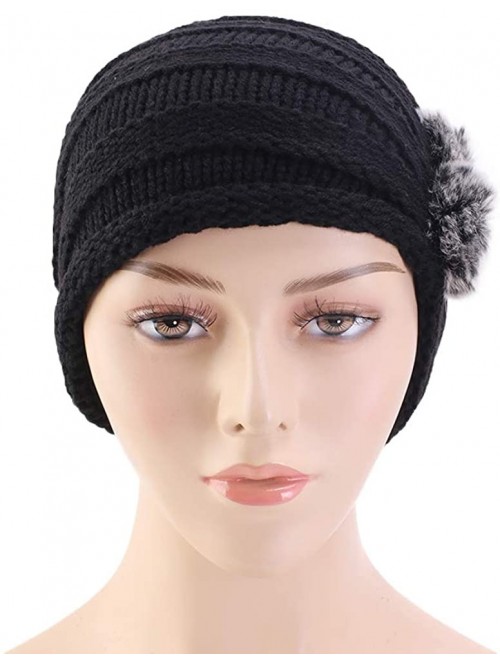 Skullies & Beanies Women Knit Slouchy Beanie Chunky Baggy Hat with Fur Pompom Winter Soft Warm Ski Cap Knitted Hat - Black - ...