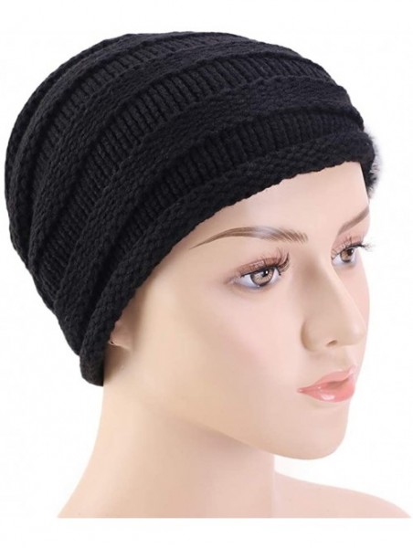 Skullies & Beanies Women Knit Slouchy Beanie Chunky Baggy Hat with Fur Pompom Winter Soft Warm Ski Cap Knitted Hat - Black - ...